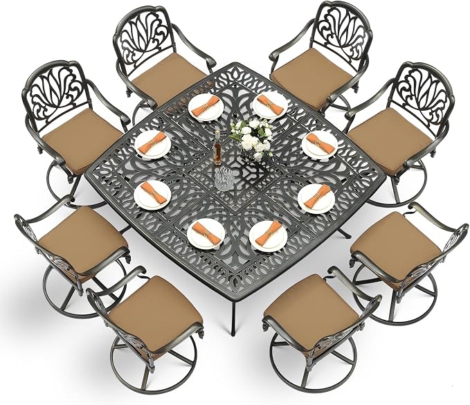 VIVIJASON 9-Piece Outdoor Furniture Dining Set for 8, All-Weather Cast Aluminum Patio Table and Chairs Set with 8 Swivel Rocker Chairs, 64" Large Square Dining Table with 2.2" Umbrella Hole, Khaki