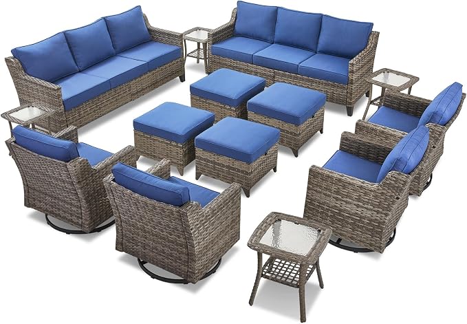 14 Piece Patio Furniture Set-High Back Outdoor Furniture Set Sectional Sofa with Wicker Swivel Patio Chairs,Comfy Cushions Ottomans for Porch Balcony Patio Deck Grey/Blue