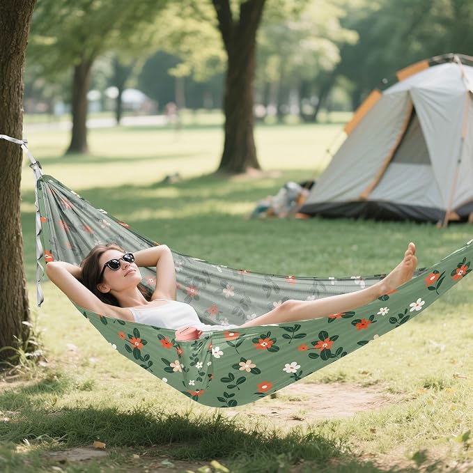 Camping Hammock Outdoor Hammocks for Outside Green Flowers Leaves Beach Trees Portable Lightweight with Pockets Tree Straps Indoor