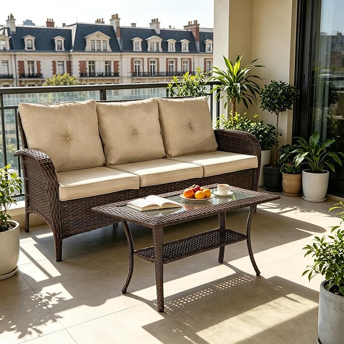 YLGJ&TIDY Outdoor Furniture 2PCS Set All-Weather Brown Wicker Patio Conversation Set 3 Seater Rattan Sofa Glass Coffee Table for Garden Backyard Porch Balcony w/Thick Cushions (Khaki,2PCS Sofa/Table)