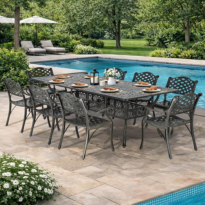VIVIJASON 9-Piece Outdoor Dining Set for 8, All Weather Cast Aluminum Retro Patio Furniture Table and Chairs Set, Include 94.5" Rectangular Table and 8 Chairs with Umbrella Hole, Dark Bronze