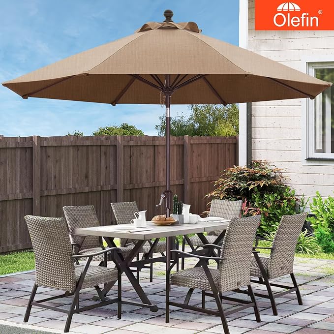MASTERCANOPY Olefin 5-Year-Non-Fading 9ft Patio Umbrella with Tilt and Crank, Large UV Resistant Outdoor Table Umbrella with 8 Fiberglass Ribs for Deck, Yard & Market, Brown & Beige Multi-Stripes