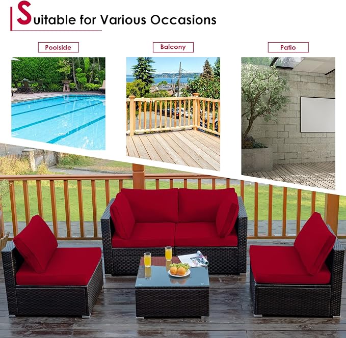 Tangkula 5 Pieces Patio Furniture Set, All Weather Wicker L-Shaped Corner Sofa Set w/Soft Cushions, Outdoor Sectional Conversation Couch Set w/Glass Table for Backyard Garden Poolside (Red)