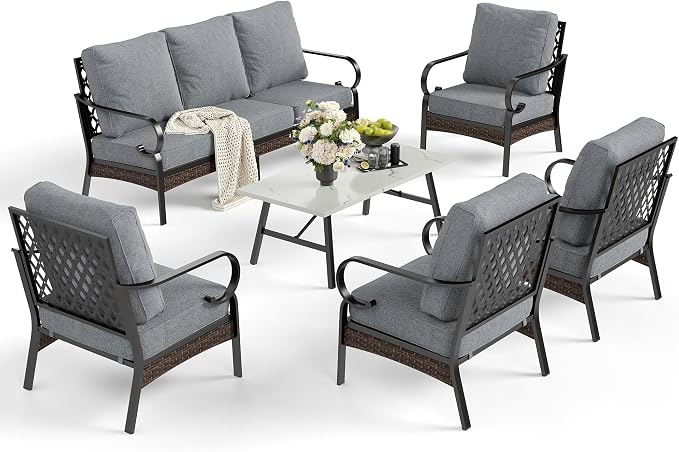 SUNSHINE VALLEY 6 Piece Metal Outdoor Patio Furniture Sets, Patio Conversation Sets 1 3-Seater Sofa, 4 Single Sofa with 5.75" Extra Thick Cushion & Coffee Table, Black Frame Backyard Furniture, Gray