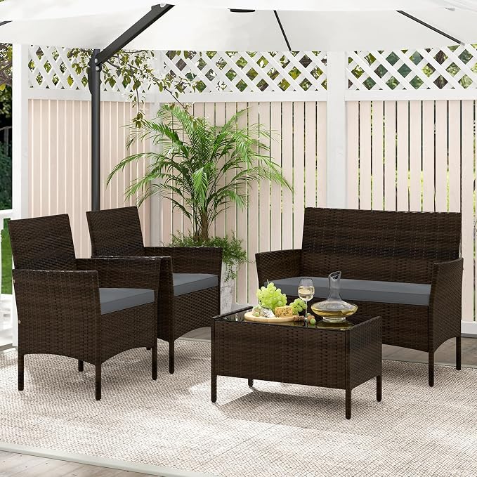 KOTEK 4 Piece Patio Furniture Set, Outdoor Rattan Conversation Set with Loveseat, Wicker Chairs, Tempered Glass Coffee Table, Wicker Patio Set for Backyard, Porch (Grey)