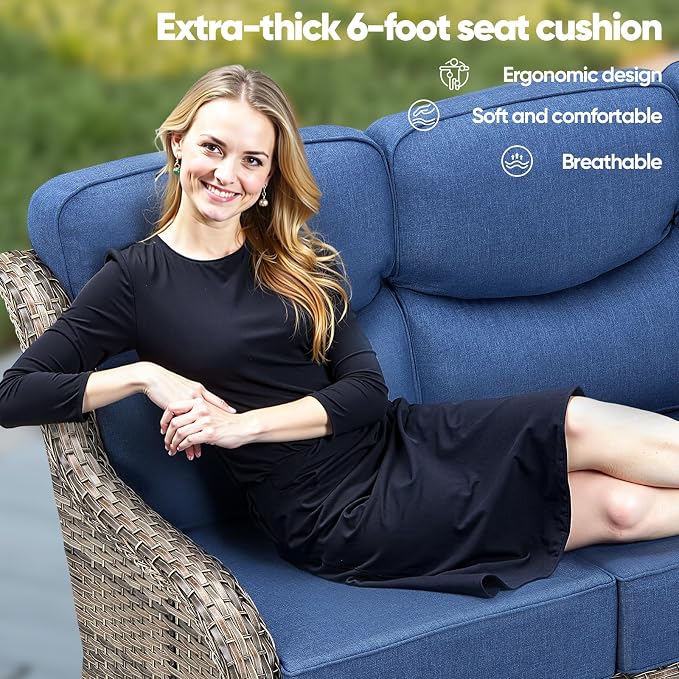 Swivel Patio Chairs Sofa Set of 6-6" Thick Cushion - Wicker Outdoor Swivel Rocker Patio Chair,Sofa/Side Table, High Back Comfortable Outdoor Glider Chairs - Grey Wicker | Blue Cushions