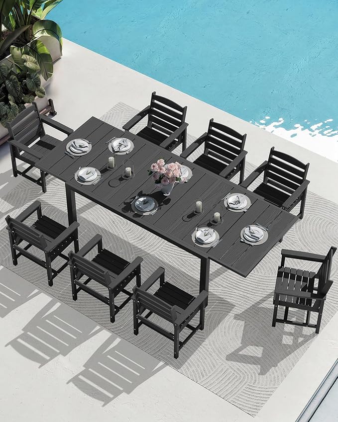SERWALL 10-Piece Patio Dining Sets with 15FT Patio Umbrella, 60" - 83" Expandable Outdoor Dining Table and 8 HDPE Chairs, All Weather HDPE Outdoor Furniture Set (Umbreall Base not Included)