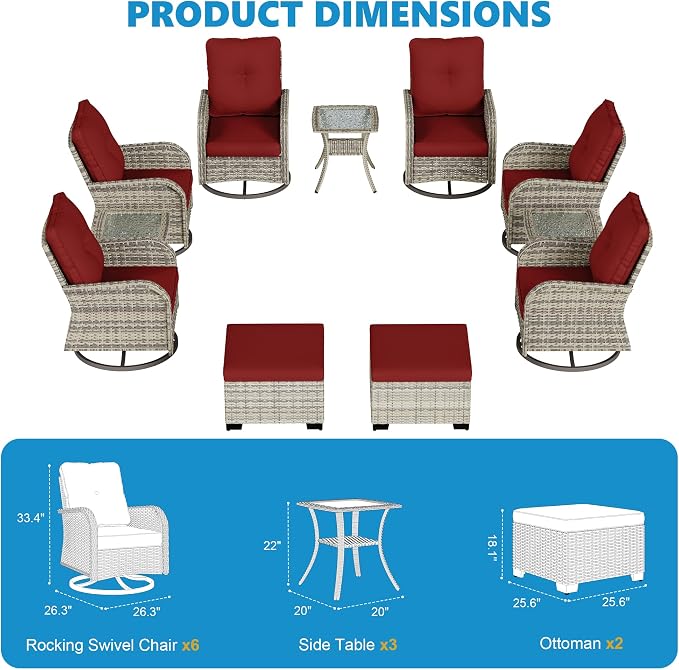 11-Piece Small Patio Furniture Set, Outdoor Swivel Rocking Chairs Set with Ottomans, Patio Bistro Set for Balcony, Deck, Porch, Red