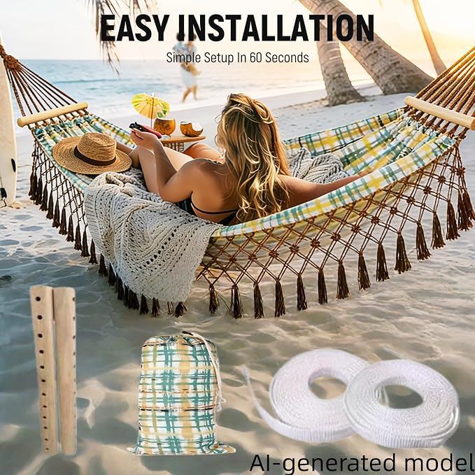 Portable Hammock,Bohemian Hammock,Rope Hammock,Suitable,Yard, Beach, Backyard,Garden (Khaki, 79 * 59)