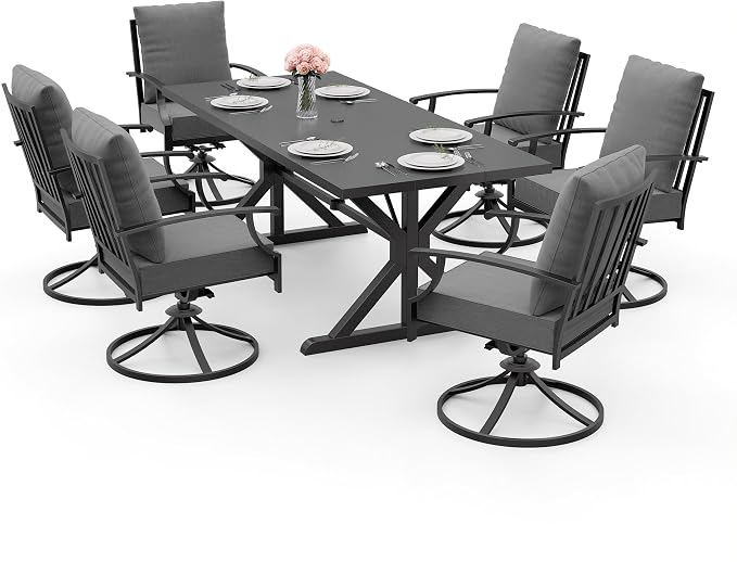 ALAULM 7-Piece Patio Dining Set,Outdoor Metal Dining Set with 6 Swivel Chairs & Rectangle Table with 1.5 Umbrella Hole, Patio Dining Table and Chairs for Backyard, Grey