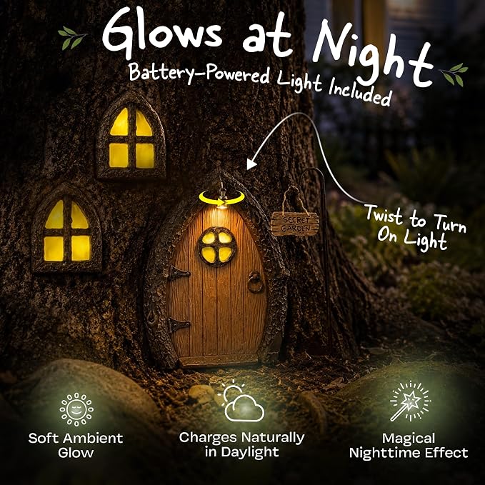Fairy Door and Windows for Trees – Glow in The Dark Yard Art Sculpture Decoration for Kids Room, Wall and Trees Outdoor | Miniature Fairy Garden Outdoor Decor Accessories with Secret Garden Sign