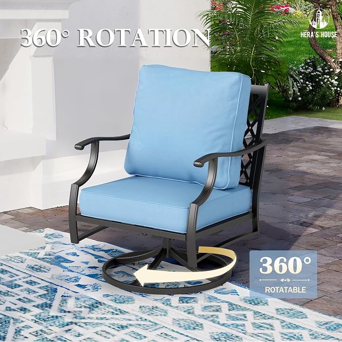 HERA'S HOUSE 7 Piece Patio Furniture Set, 2 x Swivel Chair, 2 x Leg Chair, 2 x Ottoman, 1 x 3-Seat Sofa, All Cushioned 10 Seats Metal Outdoor Conversation Set for Lawn Garden Backyard
