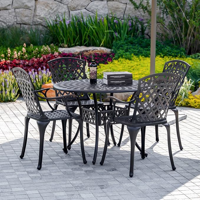 42" Round Patio Table and Chair Set of 4 Cast Aluminum Patio Table with 1.97" Umbrella Hole,All Weather 5 Piece Patio Dining Set Outdoor Patio Bistro Set for Garden,Patio(Bronze)