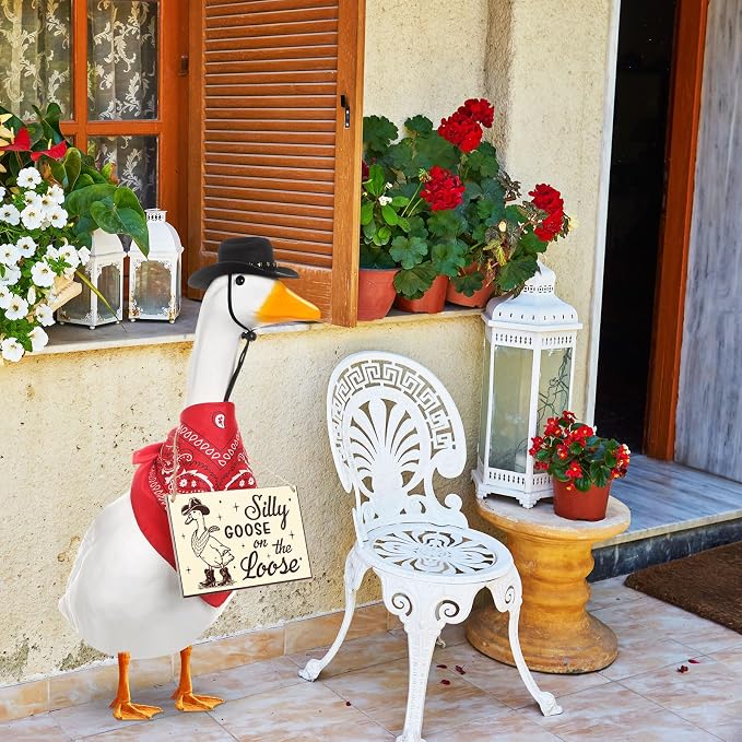 Funny Porch Goose Outfit Decoration Set Silly Goose on The Loose Hangings Sign Cowboy with Outfit Cowboy Hat Bandana for 23" Cement/Plastic Outdoor Statue Patio Yard Lawn Art(Red,Black)