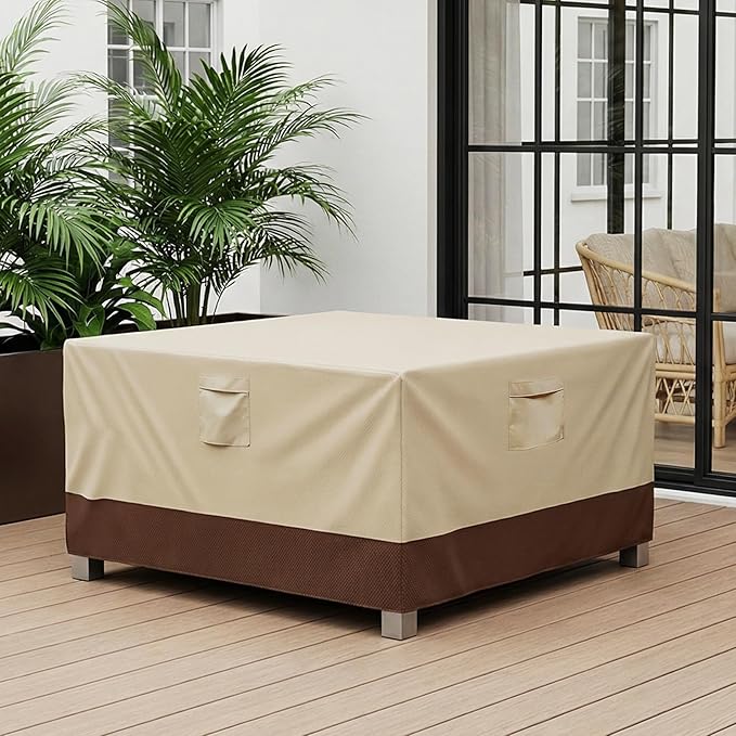 Vailge Rectangular/Oval Patio Table Cover, Heavy Duty and Waterproof Outdoor Lawn Patio Furniture Covers (Beige&brown, 84"Lx84"Wx28"H)