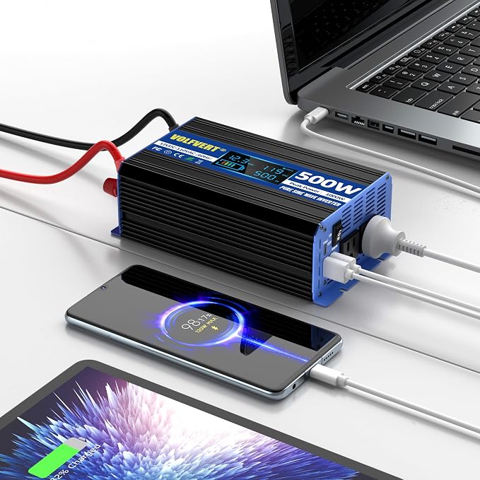 500 Watt Pure Sine Wave Inverter, 12V DC to 110V 120V AC Converter with Two AC Outlets, Two USB Charging Ports, One Type-C Charging Ports, Clear LCD Display, Car Charger Plug Power Inverter 500W…