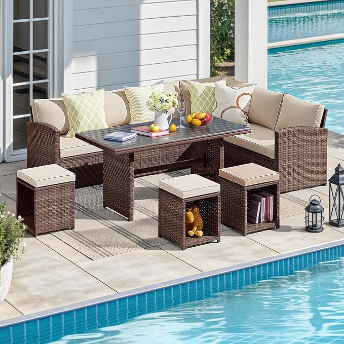 JOIVI 7 Piece Patio Furniture Set, Patio Dining Sofa Set, Outdoor Sectional Sofa Conversation Set All Weather Wicker Rattan Couch Dining Chair & Table with Ottoman, Brown Rattan Beige Cushion