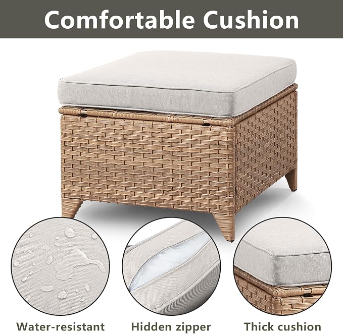 Rilyson Luxury Outdoor Wicker Patio Ottomans Set of 2, 250 lbs Capacity Rattan Large Ottomans for Patio Footrest Set 22.8in*22.8in*14in with 3.5in Thick Cushion (Yellow/Beige)