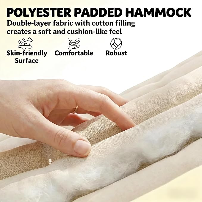 Double Hammock with Spreader Bars Cream for Outdoor Patio Garden | Quilted Polyester Extra Wide 2 Person Hammock Beechwood Spreader Bars Detachable Pillow Pocket and Hanging Kit Included