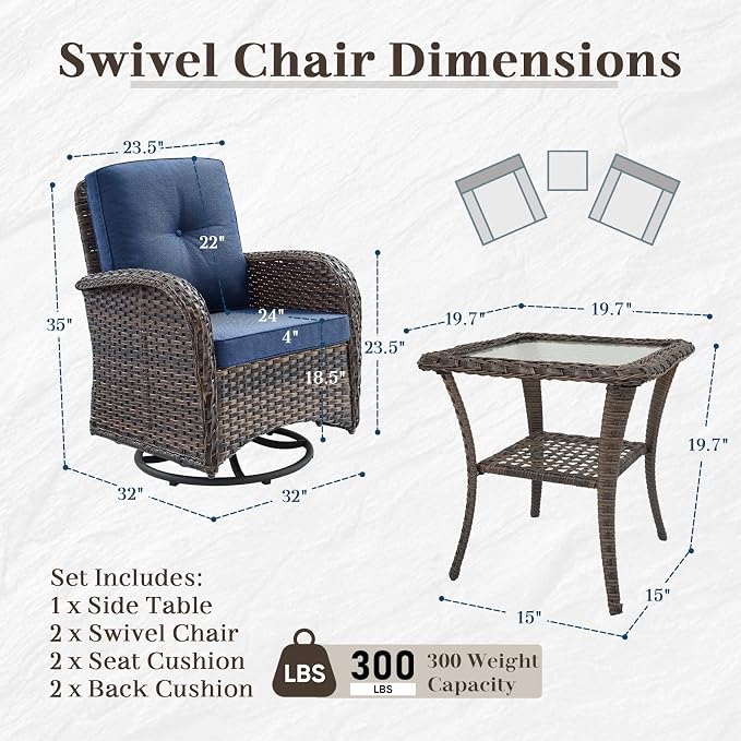 HUMMUH 5 Pieces Wicker Patio Furniture Set,Outdoor Swivel Gliders Rocker,Patio Ottomans,Glass Top Side Table,Outdoor Conversation Set for Porch Deck Backyard Poolside