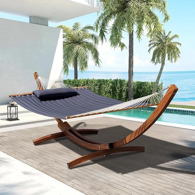 Lazy Daze Hammocks 12 FT 2 Person Double Quilted Hammock with Curved Steel Heavy Duty Stand and Pillow for Outside, Backyard, Patio, 450 Lbs Capacity, Dark Grey