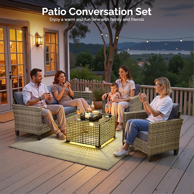 4 Piece Wicker Patio Furniture Set with Solar Table, Denim Blue | Outdoor Deep Seating Sofa Chair, Solar Lights Table, All Weather Rattan, Modern Conversation Set, Porch Deck Backyard