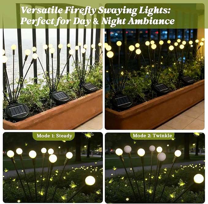 Solar Patio Firefly Lights Outdoor Waterproof (2 Packs, 16 LEDs), Gift for Grandma, Walkway Solar Lights for Outside Landscape Yard Pathway Patio and Lawn
