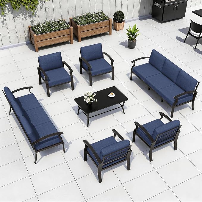Kurapika Aluminum Patio Furniture Set 10-Seat Modern Metal Outdoor Conversation Sets w/5.1 Inch Cushion Patio Sectional Sofa with Rectangular Coffee Table, Navy Blue