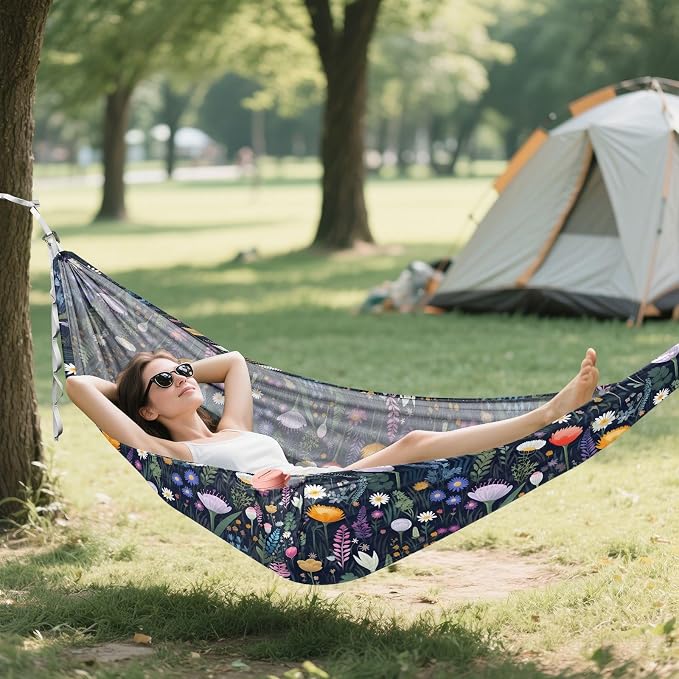 Camping Hammock Outdoor Hammocks for Outside Wild Flowers Black Beach Trees Portable Lightweight with Pockets Tree Straps Indoor