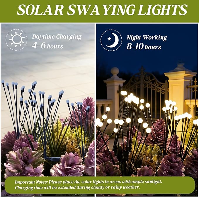 Solar Garden Firefly Lights Outdoor (10 Packs, 80 LEDs), 2 Modes Decorative Lighting, Solar Waterproof Stake Lawn Swaying Lights, Unique Spring Garden Decor Gifts for Women