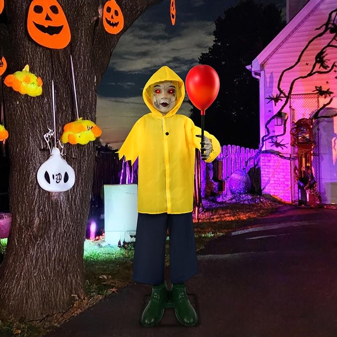 4 Ft Life Size Halloween Animatronics Prop with Sound & Touch | With Activated Sensor and Light Up Balloon, Halloween Spooky Scary Decor for Home Indoor Garden Lawn Yard Grave Party