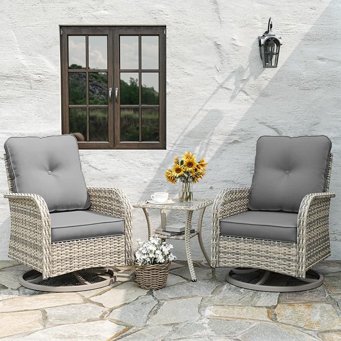 6-Piece Patio Rocking Swivel Chair Outdoor Wicker Rattan Bistro Set High Backrest, Patio Conversation Set Outdoor Patio Furniture Set for Garden, Deck, and Balcony, Grey