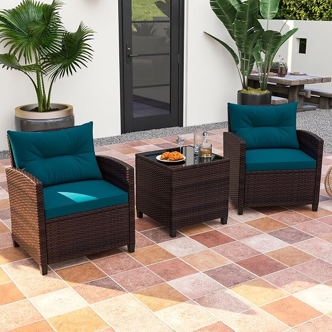 ORALNER 3 Pieces Patio Furniture Set, Outdoor Wicker Conversation Set Rattan Chairs with Cushions, Glass Coffee Table, Bistro Set for Front Porch Balcony Garden Deck Poolside (Peacock Blue)