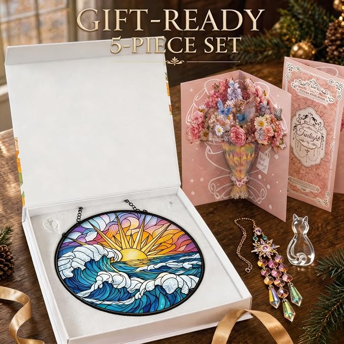 Deluxe Bundle | Stained Glass Window Hanging, Ocean Sunrise 3D Embossed Diamond Glass Suncatcher, 7-Piece Coastal Gift Set with Crystal Pendant & Invisible Hooks