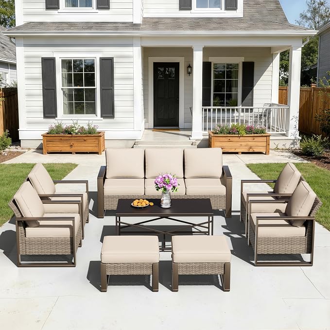 8 Pieces Metal Wicker Patio Furniture Set - 75" Sofa, Four Armchairs and Two Ottomans, One Coffee Table All Weather Rattan Outdoor Conversation Furniture with Washable Cushion for Deck, Beige