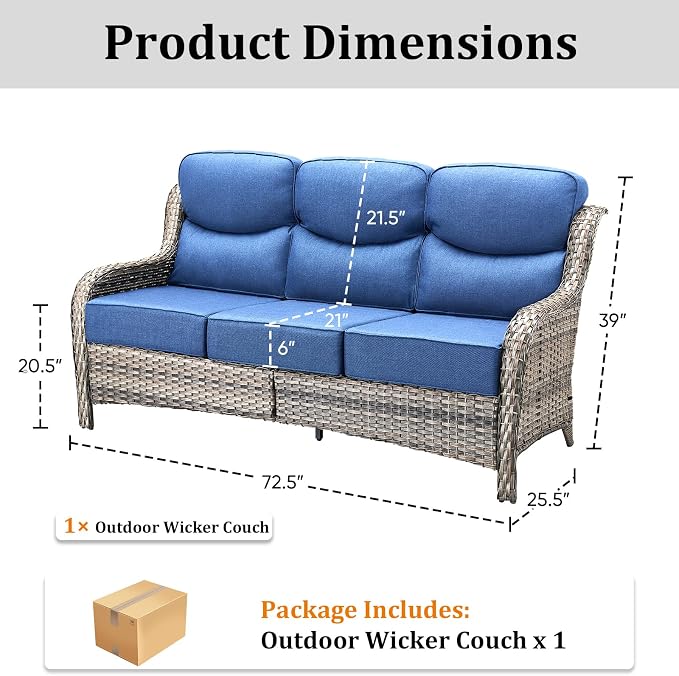 71'' Patio Couch Outdoor Wicker Sofa, Heavy Duty All-Weather Rattan 3-Seater Sofa with Deep Seating and Removable Cover, Outdoor Patio Furniture for Deck Porch Sunroom Backyard Grey/Blue