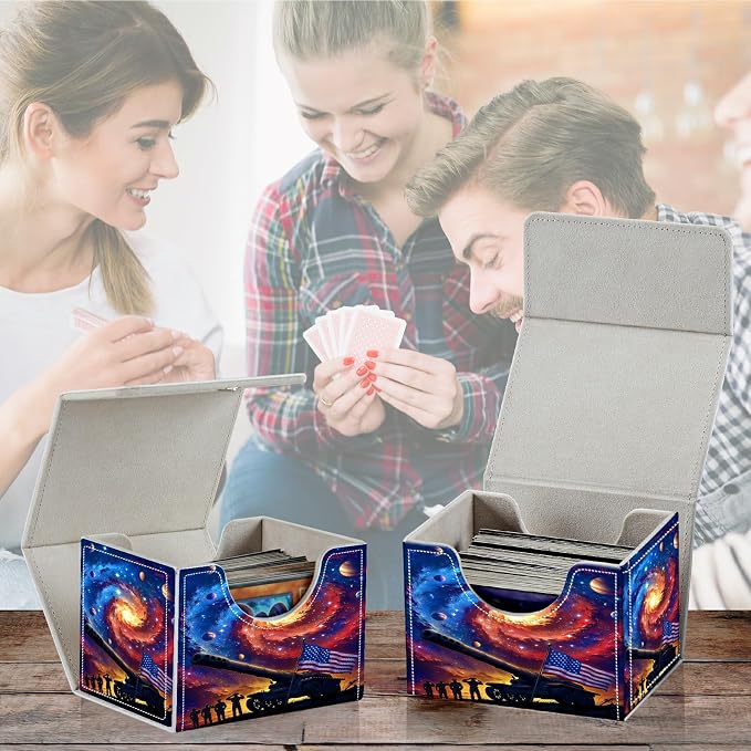 Card Deck Box for MTG, Cards Storage Box Fits 120+ Sleeved, Leather Small Size Strong Magnetic Closing Card Case for Board Games Magic TCG CCG Baseball Collection, Starry Sky Flag