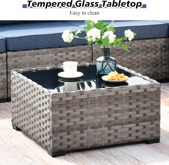 HOOOWOOO Outdoor Patio Sectional Furniture Sofa Set with Fire Pit Table,10 Piece Modern Wicker Couch with Swivel Chairs,Modular Conversation Seating Set with Widened Armrest for Garden(Denim Blue)