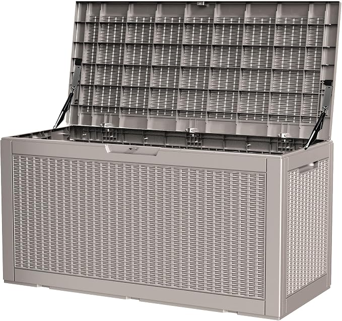 100 Gallon Storage Box, Waterproof Resin Deck Box with Hydraulic Piston Design, Lockable Storage Bench for Package Delivery, Storage Bin for Patio Cushions, Garden Tools, Grey