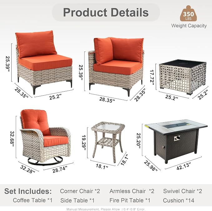 Outdoor Sectional Patio Furniture Set with Fire Pit Table,9 Pieces Rattan Wicker Conversation Sets L Shaped Couch,Outside Furniture with Swivel Chairs Glowing Coffee Table,Orange Line