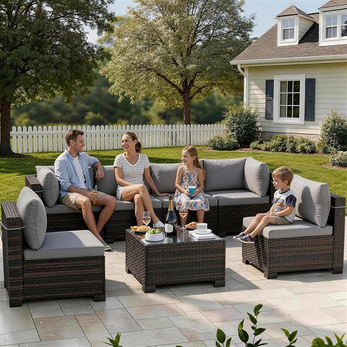 LAFWLL 7 Pieces Outdoor Patio Furniture Sets,Rattan Conversation Sectional Set,Manual Weaving Wicker Patio Sofa with Tea Table