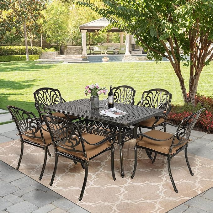 MEETWARM 7-Piece Outdoor Patio Dining Set, 6 Outdoor Dining Cushioned Chairs and 1 Rectangle Table with 2" Umbrella Hole, All Weather Cast Aluminum Patio Funiture Set for Backyard