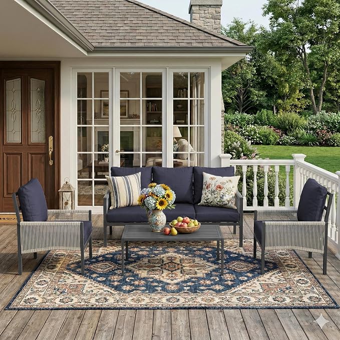 U-MAX Aluminum Patio Furniture Set 5 Seats Outdoor Sectional Couch with Coffee Central Table Patio Conversation Sets for Porch Deck (Dark Blue, with Retractable Single Sofa)