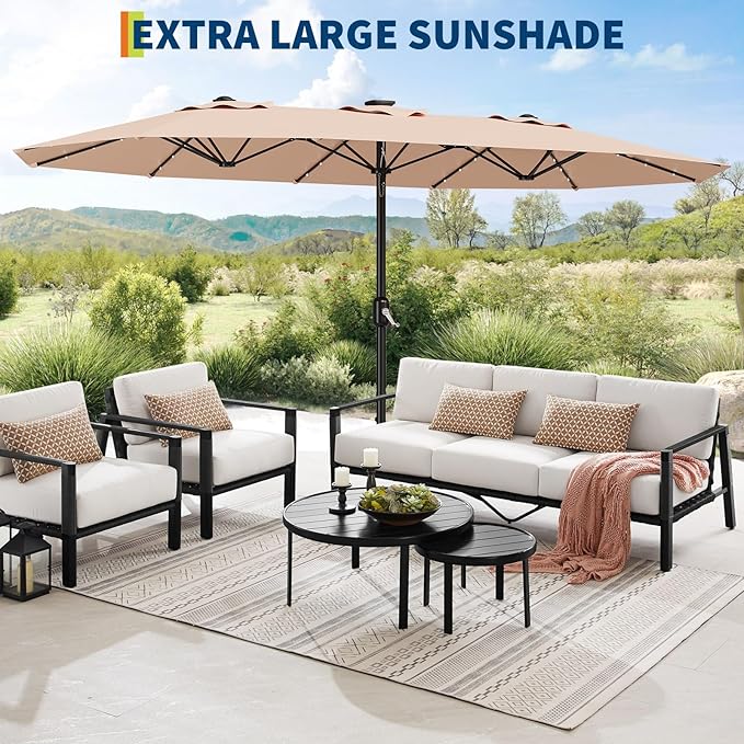 15FT Solar LED Lighted Patio Umbrella with 36 Lights, Outdoor Market Umbrella with Weighted Base Included, Crank Lift & Tilt, Large Shade for Backyard, Garden, Deck, Pool, Beach