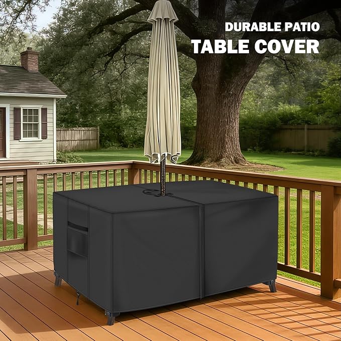 Rectangle Patio Table Cover with Umbrella Hole - 72" L x 35" W x 28" H (Cover Size,NOT Table Size) Heavy Duty Waterproof 600D Oxford Fabric Outdoor Lawn Patio Furniture Covers