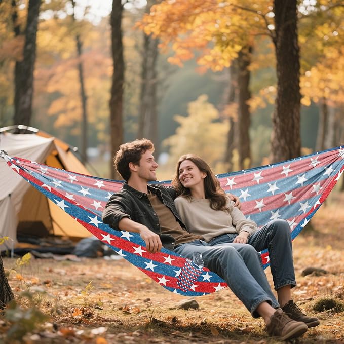 Patriotic Stars Camping Hammock, Portable Lightweight Single Hammock with Tree Straps and Aluminum Carabiners, 114" x 54" Travel Hammock for Hiking Backpacking Beach