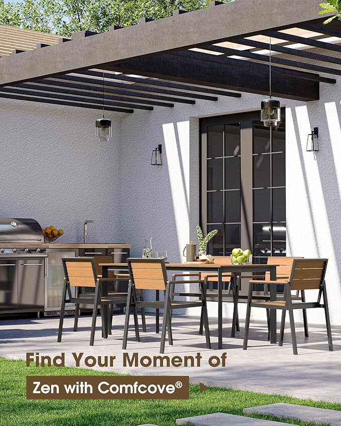 Outdoor Dining Set for 4, Aluminum Patio HDPS Outdooor Table and Chairs Set with Umbrella Hole, All Weather Patio Furniture Set, 5 Peice Patio Dining Table Set (Gray & Teak)