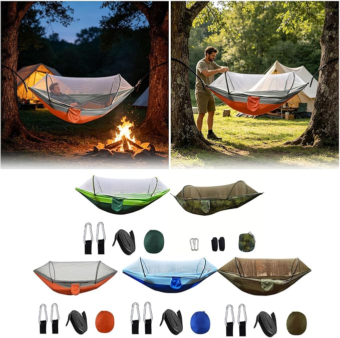 Heavy Duty Hammock with Mosquito Net–Canvas Hammock, Fade-Resistant Cotton Lounger, Roll-Free Comfort Design, Easy Setup for Backyard, Porch, Garden, Camping, Travel (Camouflage)