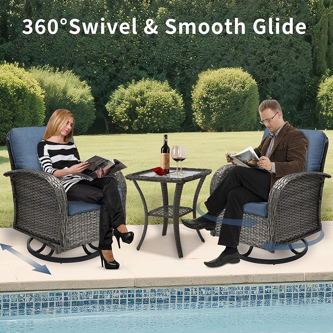 3 Piece Outdoor Swivel Rocker Patio Chairs, All-Weather Rattan Chair, Wicker Glider Patio Furniture Set with Side Table, for Garden, Backyard, Deck, Gray Rattan & Blue Cushions