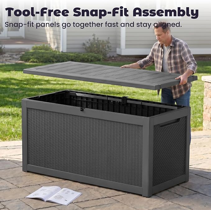 PatioZen 330 Gallon Outdoor Storage Box, Heavy Duty Resin Large Deck Box Organization for Garden Tools & Pool Accessories, Hydraulic Lift, All-Season UV-Resistant, Black